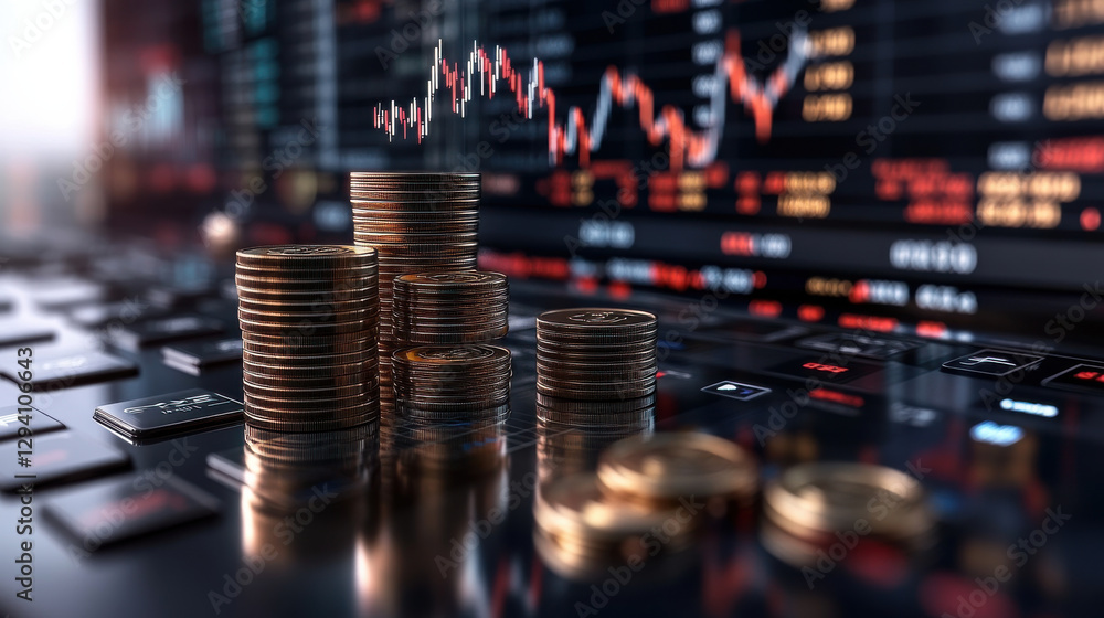 Poster digital 3d representation of stock trading with coins and graphs, showcasing financial growth and in