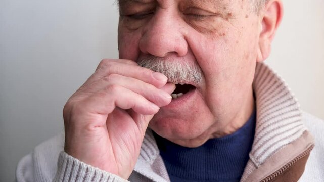 An elderly man holds a denture in his hands. The concept of stomatology and prosthetics. A dental prosthesis. Dentures on hooks