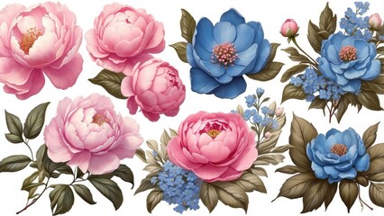A collage of four floral-themed designs featuring pink peony flowers and blue forget-me-nots.