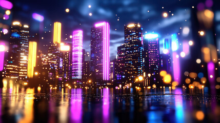 Fototapeta premium vibrant digital cityscape at night, showcasing illuminated skyscrapers with colorful lights reflecting on wet surface, creating lively atmosphere