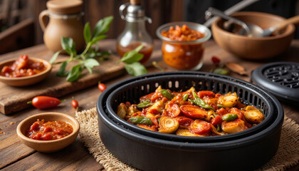 Fototapeta premium Harissa dish with vibrant peppers in rustic kitchen, culinary delight