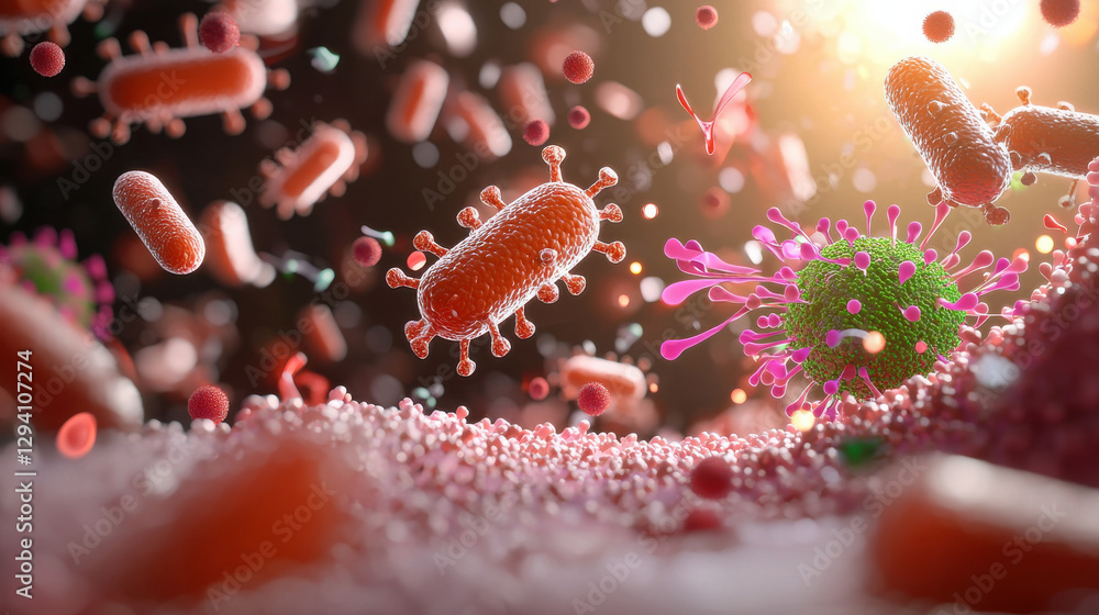 Poster digital illustration of influenza virus attacking cells, showcasing vibrant colors and intricate det