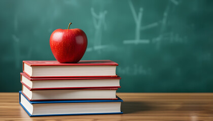 Apple on Books Stack with Wooden Surface and Green Chalkboard Backdrop, Educational Theme