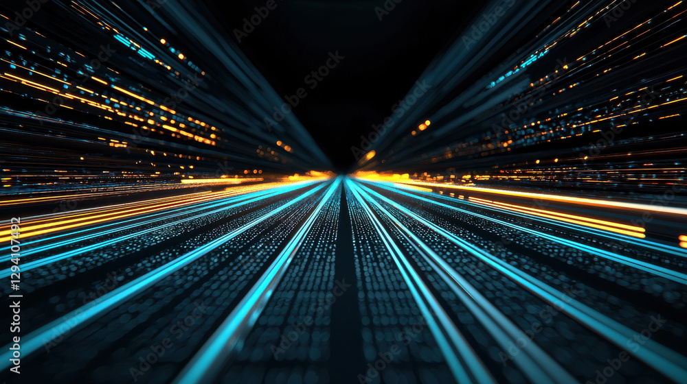 Fototapete digital representation of futuristic data stream with vibrant blue and orange lines creating sense of speed and movement. This abstract design evokes feeling of technology and innovation