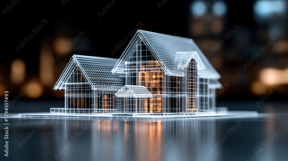 Poster digital render of innovative building design showcasing modern house structure with intricate wirefr