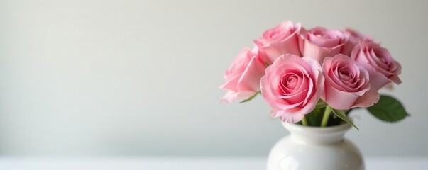 Fototapeta premium Delicate pink roses in white vase, soft light , design, soft, pretty