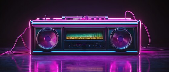 Fototapeta premium Retro 80s boombox with colorful neon lights, evoking nostalgic music culture, vintage style, vibrant energy, highdefinition, ultrarealistic, 8K resolution