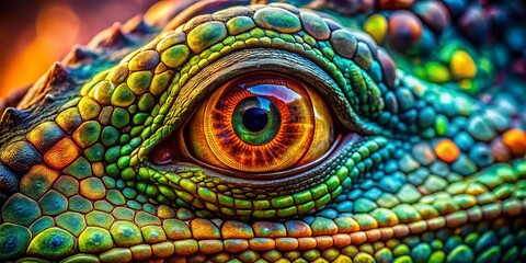 Fototapeta premium Close-up Reptile Eye Double Exposure: Bright Camouflage Pattern Stock Photo