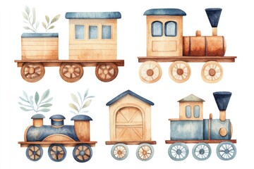 This collection of whimsical watercolor train illustrations combines playful designs with artistic detail, perfect for children's decor or creative projects inspired by transportation.