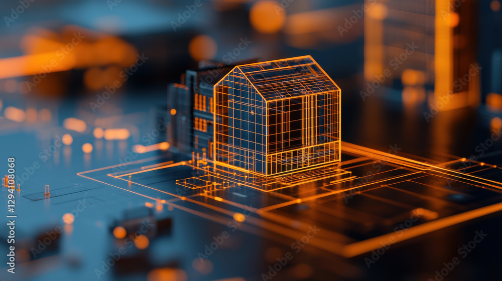 Poster digital visualization of cutting edge building design, showcasing intricate wireframe details and fu