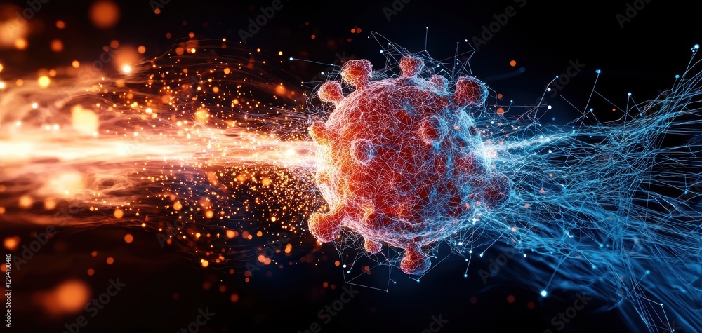 Aufkleber a vibrant depiction of a virus particle surrounded by dynamic streams of light, symbolizing scientif