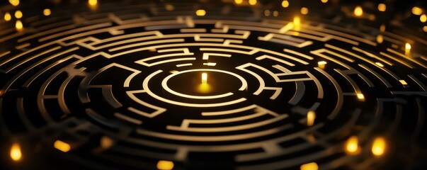 Fototapeta premium A detailed maze design with glowing lights at its center, set against a dark background, creating an intriguing, mysterious atmosphere.