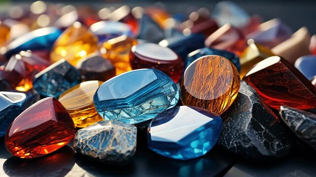 Colorful gemstones. Natural minerals. Multicolored shiny stones close-up.