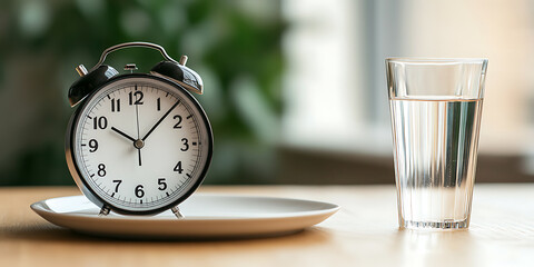 Alarm clock and water glass on a table, suggesting a morning routine or a reminder to stay hydrated. Focus on time management and health.