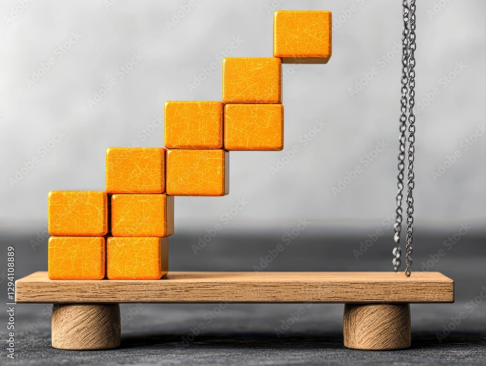 Poster a series of orange blocks arranged in a stair-step pattern on a wooden base, suggesting concepts of 