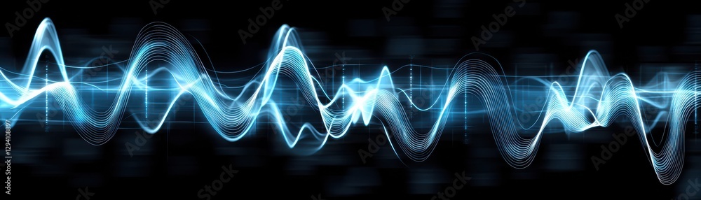 Poster an abstract visual representation of sound waves, showcasing dynamic blue lines on a dark background