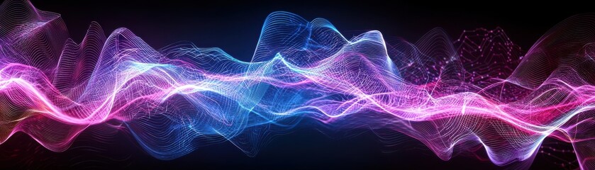Obraz premium A vibrant abstract wave of colors, showcasing flowing patterns in shades of blue and pink against a dark background.