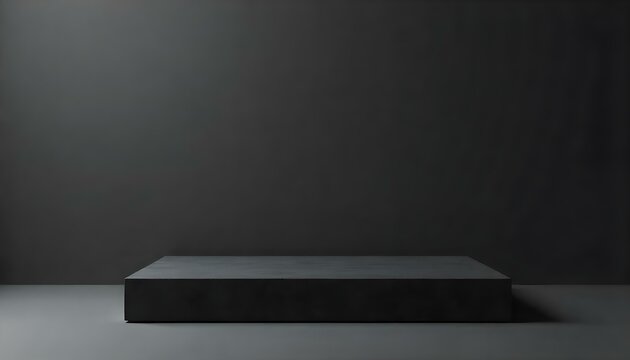 Una fotograf&iacute;a de estudio minimalista presenta una plataforma negra rectangular sobre un fondo gris oscuro