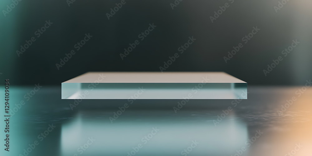 Poster minimalist display: a transparent platform on a sleek surface, bathed in soft, ambient light. ideal 