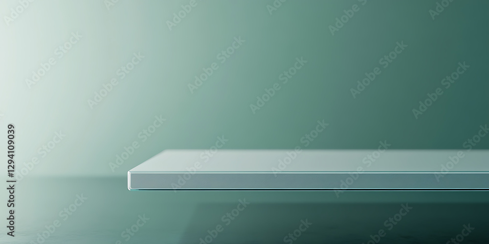 Poster minimalist display platform with a flat, smooth surface in a muted green setting, suitable for showc