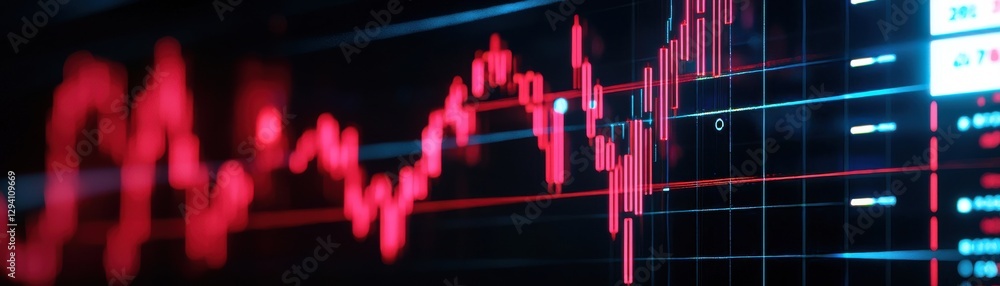 Poster a close-up view of a digital stock market chart displaying a downward trend with red lines and grid 