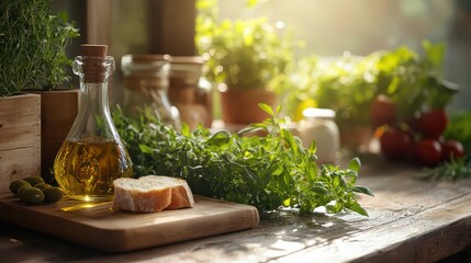 Rustic kitchen table with fresh herbs, bread and oli