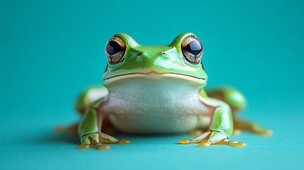 A Close Up Image Of A Green Frog On A Blue Surface