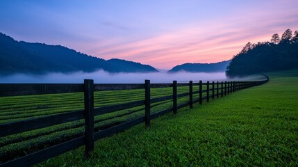 Dreamlike Tea Plantation Landscape at Sunrise with Layered Mountains