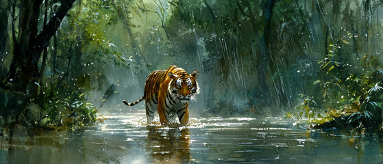 Tiger strides through rain-swept jungle stream