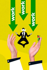 Art image vertical photo collage of serious businessman do yoga retreat arrow decline workload fall...