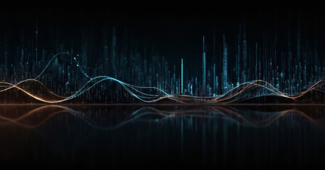 Bright neon waves and data bars on a dark technological background. Modern premium background with sophisticated light.
