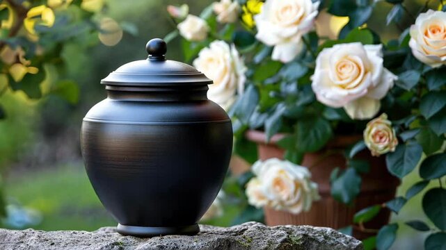 Black urn with cremated remains and white roses. Memorial service.