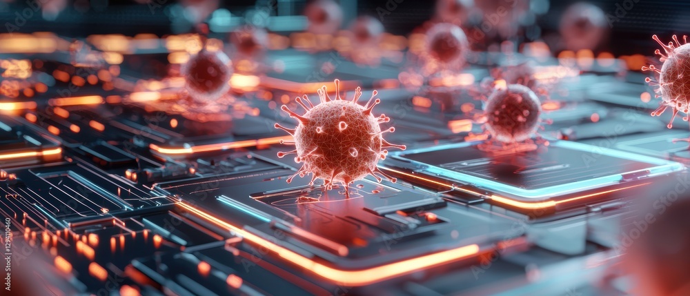 Poster a futuristic digital landscape featuring glowing circuits and virus-like structures, emphasizing the
