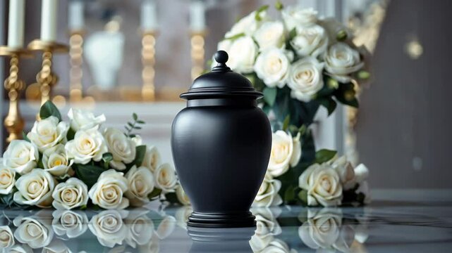 Ash urn at a memorial service. Black urn with ashes surrounded by white flowers.