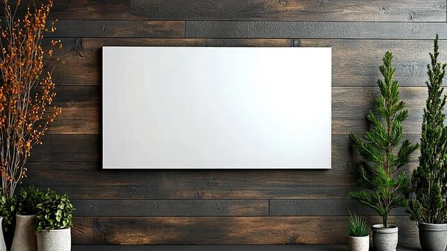 Minimalistic wall decor with empty canvas above potted plants in a cozy wooden interior