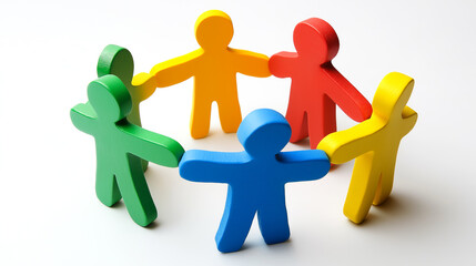 Colorful man figures standing and holding each other hands on white background. teamwork and support concept. Cooperation, group, friendship, society, leadership, connection, social problems, equal