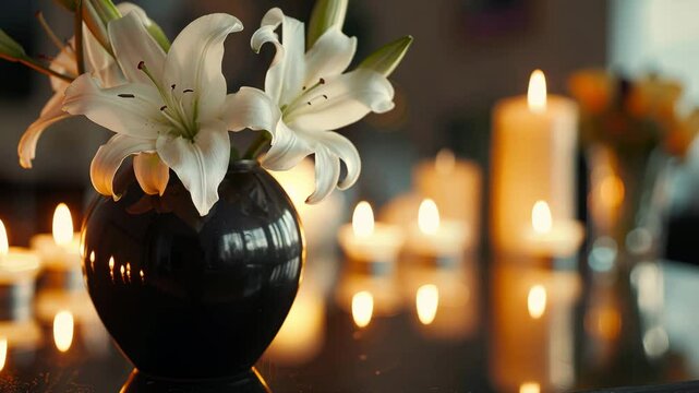 White lilies in a black urn on a church background with burning candles.