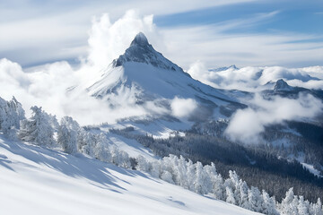 Obraz premium A snow-covered mountain peak with clouds swirling around it.