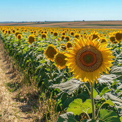 Obraz premium Sunflowers in a field, bright yellow petals, summer day