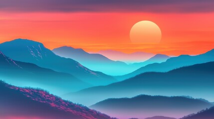 Fototapeta premium A serene landscape at sunset, showcasing layered mountains in vibrant hues of orange, pink, and blue, creating a tranquil and picturesque scene.