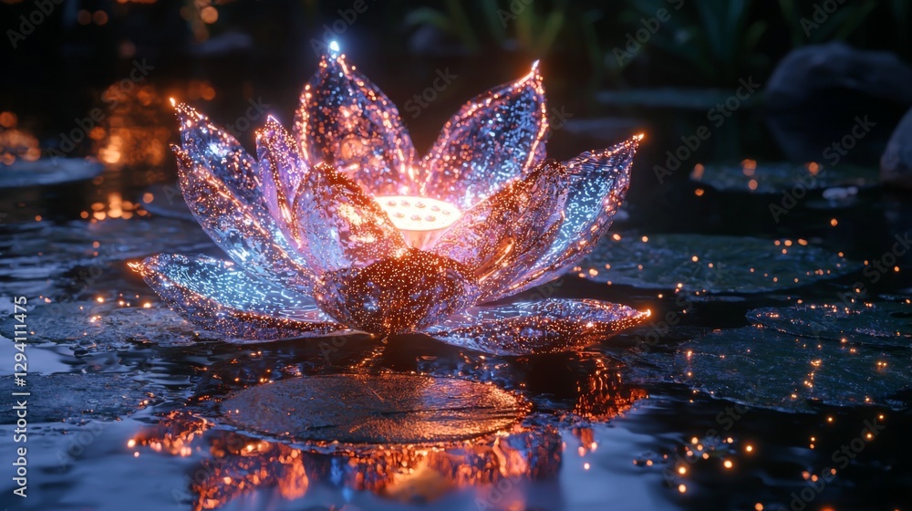 Poster illuminated sparkling lotus flower floating on tranquil water surface surrounded by glowing lights i