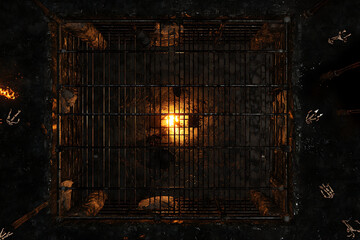 Fototapeta premium Dark Fantasy Battle Map Game Design: Glowing Fire In Metal Cage