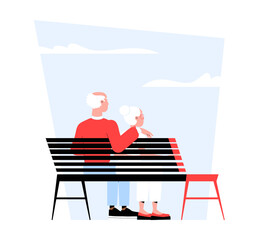 Elderly Couple Sitting On A Park Bench In Flat Vector Illustration Symbolizing Love, Companionship, And Aging Together, Isolated On White Background