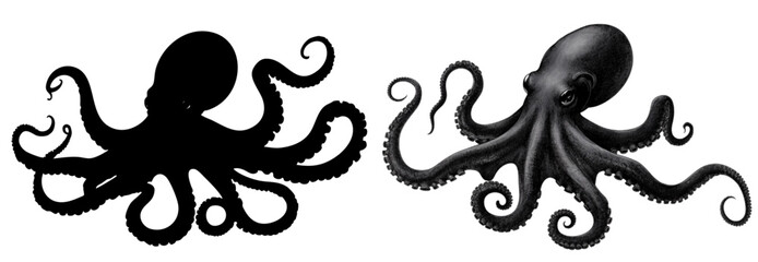 A collection of vintage-style black and white octopus vector illustrations, created in an old-fashioned woodcut engraving style.