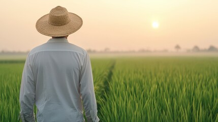 Farmer Walking Through Misty Rice Fields at Sunrise