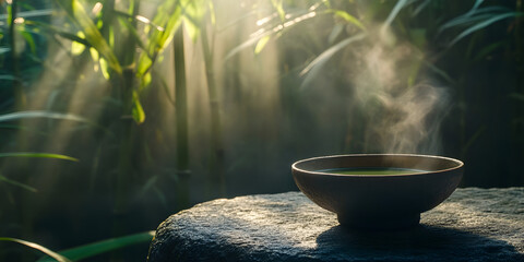 Serene Matcha Japanese Tea Garden Misty Morning Greenery Zen Tranquil Scene Relaxation Nature Inspired Art Peaceful Vibes