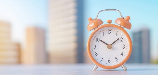 A close-up of a vintage orange alarm clock against a blurred urban background, symbolizing time management and the fast pace of city life.