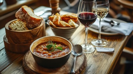 Rustic Wooden Table Setup with Hearty Soups and Bread