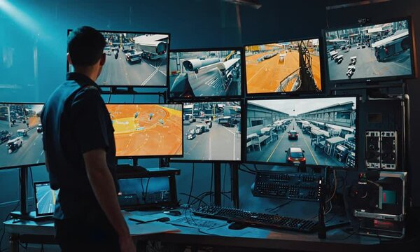 A man monitors multiple screens displaying surveillance footage of a security checkpoint.
