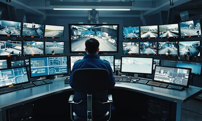 A security officer monitors a system with many displays, analyzing camera feeds in a dark room.